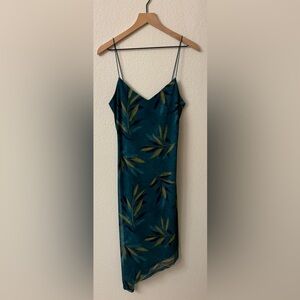 Byer Too Womens Teal Leaf Print Slip Dress Asymmetrical Hem V-Neck Teal Size M